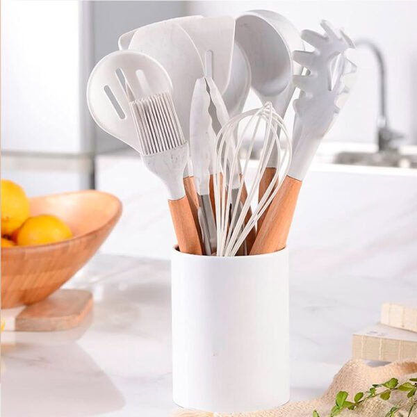 Set De Utencilios De Cocina 12 Piezas Silicona - Madera Generico - Blanco