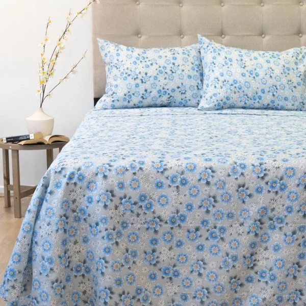 Juego de Sábanas King Aterciopeladas Flor Celeste 210 Hilos TOMISA 2.5 Plazas