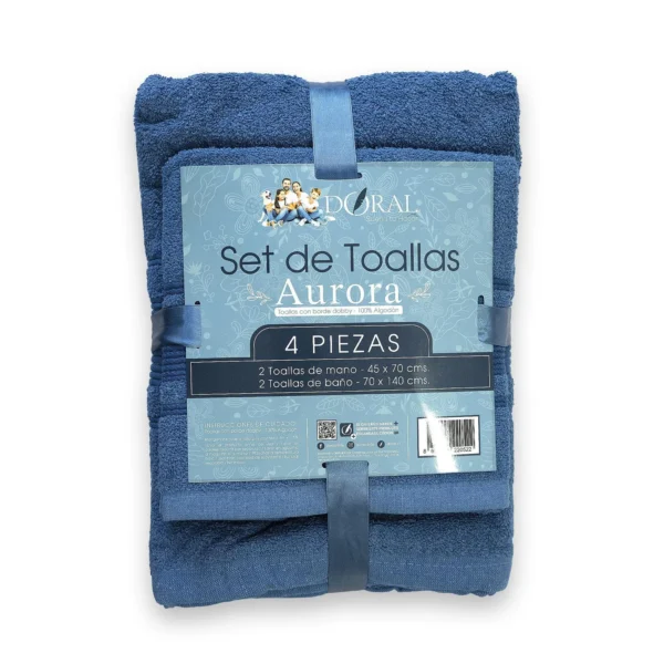 Juego de Toallas Azul Aurora 4 Piezas Algodón Premium con Borde Jacquard – Doral