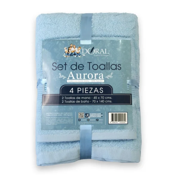 Juego de Toallas Celeste Aurora 4 Piezas Algodón Premium con Borde Jacquard – Doral