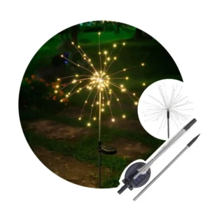 Estacas Solares para Jardín 120 LED en Forma de Fuegos Artificiales (x2) – Luz Amarilla, Decoración Exterior
