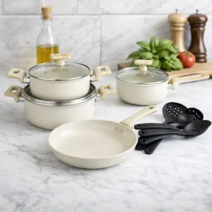 Batería de Cocina HotChef de Hierro Fundido 13 Piezas con Sartén y Utensilios de Nylon - Beige