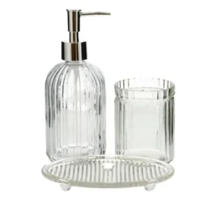 Set de Accesorios para Baño Transparente 3 Unidades – Dispensador 450 ml, Vaso 350 ml y Plato 9,5 x 15 cm