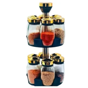 Especiero Giratorio 360° de 2 Niveles con 12 Frascos de Vidrio | Organizador de Cocina - Dorado