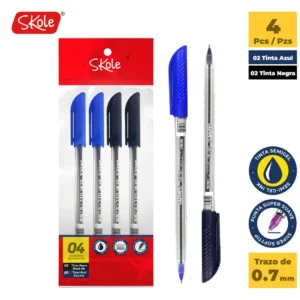 Lápiz Semi Gel Negro y Azul SKOLE 0.7 mm – Punta Súper Suave | Pack 4 Piezas