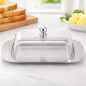 Mantequillero de Acero Inoxidable con Tapa de Vidrio | 18,5 x 12,2 x 6,7 cm