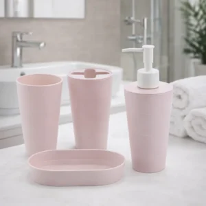 Set de Baño 4 Piezas Rosa | Dispensador, Vasos y Jabonera Modernos