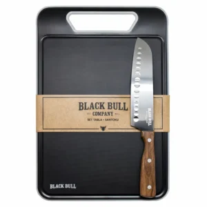 Set Tabla + Cuchillo Santoku 5” Black Bull | Acero Inoxidable Antiadherente y Tabla de Fibra de Trigo