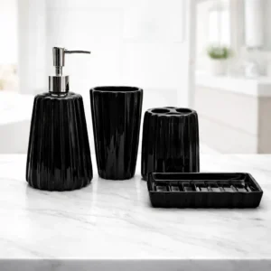 Set de Baño 4 Piezas de Loza Negra | Dispensador, Vaso, Portacepillos y Jabonera