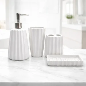 Set de Baño 4 Piezas de Loza Blanca | Dispensador, Vaso, Portacepillos y Jabonera