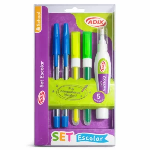 Set Escolar ADIX 5 Piezas | Lápices Pasta Azul, Corrector en Lápiz y Destacadores